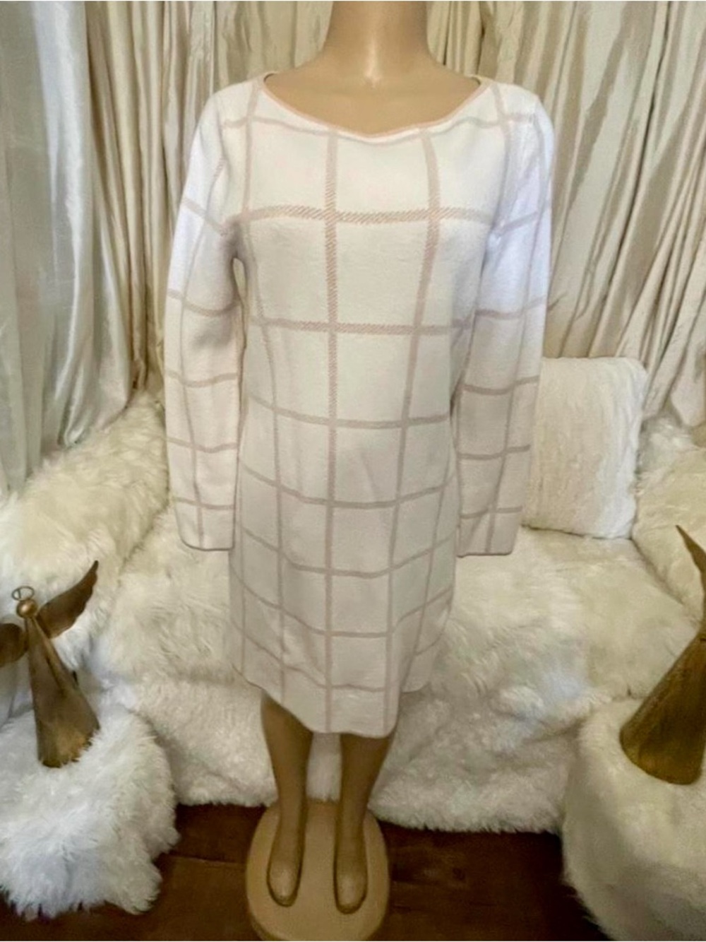Tahari VINTAGE Cream Dress with Soft Pale Pink Windowpane Grid